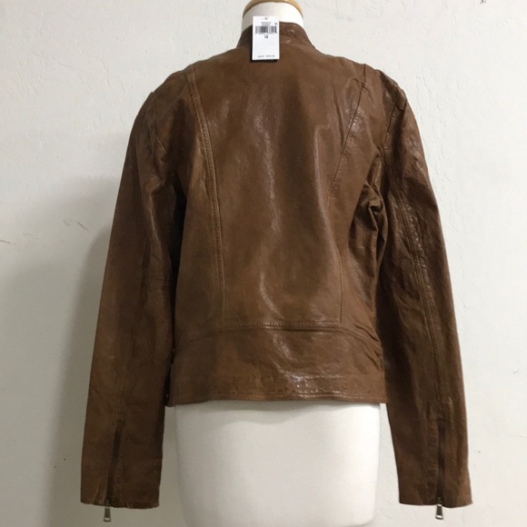 Lauren Ralph Lauren Burnished Leather Moto Bomber Jacket Dark Walnut